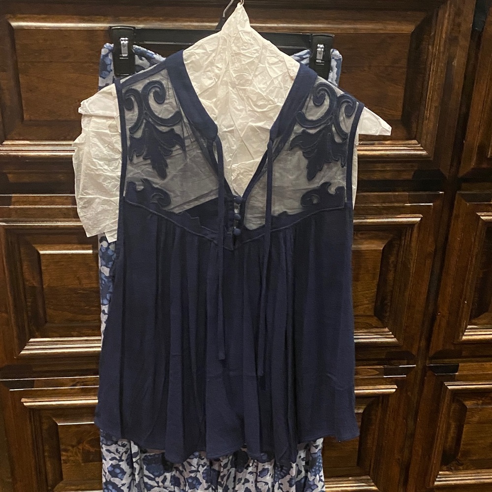 Free People Size Small Western inspired Dark Blue Embroidered Blouse